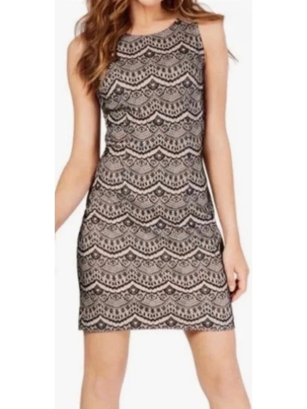 GUESS Black Lace Scalloped Sleeveless Sheath Party Dress GDJP2489 Size 8 NWT